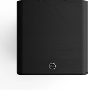 Klipschin musta Flexus Sub 100 -subwoofer, etunäkymä, kuutiomainen muoto, hopeinen logo keskellä