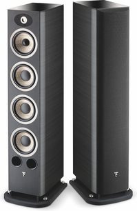 Sloupové reproduktory Focal Aria 936 dark ebony, pohled zepředu, vedle sebe, lesklé černé ozvučnice, každý se 4 reproduktory