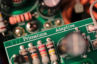Grønt "Primaluna Adaptive" printkort med modstande og kondensatorer, i et kabinet til en hi-fi rørforstærker