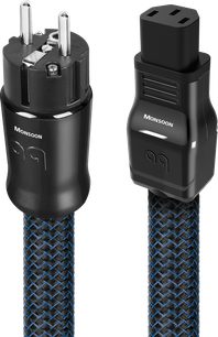 Audioquest Monsoon XTRM IEC13 2m strømkabel, sorte stik, sort og blå fletning, set forfra