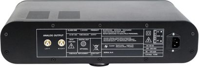 Reproductor de CD de alta fidelidad Lector CDP-603 negro, vista trasera con salidas analógicas RCA y toma de alimentación de red