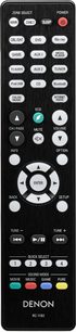 Sort Denon RC-1192 fjernbetjening med grå og blå knapper, set forfra