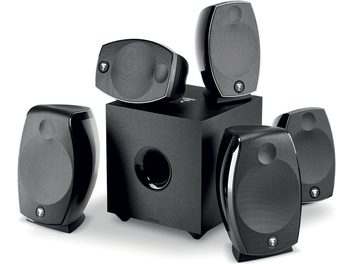 Комплект акустики Focal Sib Evo Dolby Atmos 5.1.2 чорний, 5 компактних колонок і 1 кубічний сабвуфер, вигляд спереду