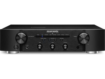 Amplificator hi-fi stereo Marantz PM6006 negru, panou frontal din aluminiu periat, butoane rotative, afișaj albastru, mufă pentru căști