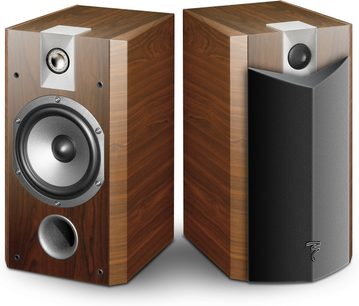 Focal Chorus 706 V bogreolshøjttalere i wengétræ, set forfra, i mørkt træ, sølvfarvede højttalere, sort diskanthøjttaler