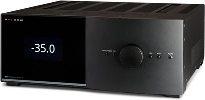 Anthem STR integrētais melns hi-fi stereo pastiprinātājs, skats no priekšpuses, LED displejs "-35.0", vadības pogas un riņķis
