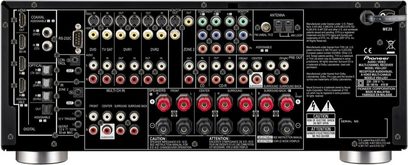 Pioneer VSX-LX51 hjemmebiografsforstærker, bagside, audio/video-tilslutninger, stik og justeringsknapper