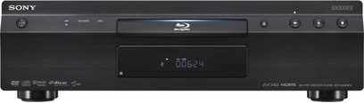 Sony Blu-ray-afspiller BDP-S5000ES sort, front med display, skuffe, touch-knapper, USB-port, tilslutninger på bagsiden