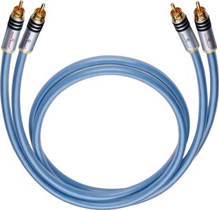 Toppvisning av en Oehlbach Series 2 RCA analog lydkabel, 1,5 m, med lett gjennomsiktig lyseblå plastkappe, utstyrt med fire sølvfargede RCA-kontakter med gullbelagte tupper og svarte isolasjonsringer
