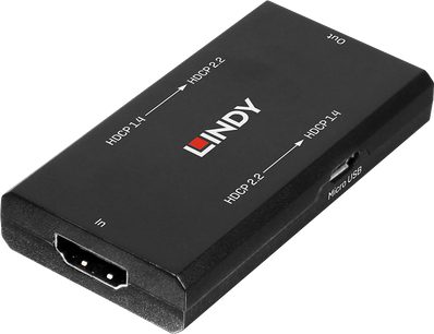 Lindy dvikryptis HDMI perjungiklis ir skaidytuvas, vaizdas iš priekio, juodas korpusas, HDMI ir micro USB prievadai