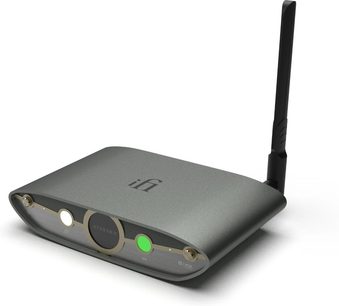 Kompakt grå iFi Audio Zen Stream 3 nätverksspelare med frontpanel med runda indikatorlampor och vertikal Wi‑Fi‑antenn på baksidan