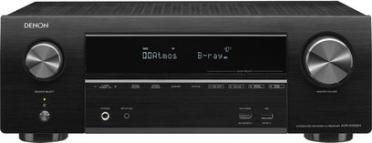 Denon AVR-X1500H sort home cinema-forstærker, set forfra, mat sort front med knapper og LCD-skærm, to sølvfarvede drejeknapper, USB- og HDMI-porte