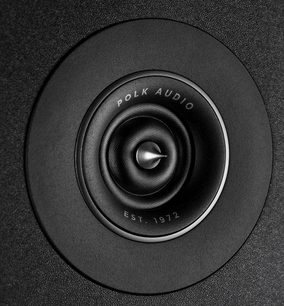 Polk Audio R300 nero, primo piano frontale dell'altoparlante centrale circolare in una cassa tonda nera opaca