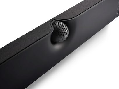 Саундбар DEVIALET DIONE черен, изглед отгоре, черна решетка, издължен заоблен форм с закръглени краища, кръгл централна колонка