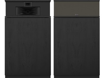 Klipsch Khorn AK7 Black Ash floorstanding speaker, front view, textured black wood finish with beige upper grille