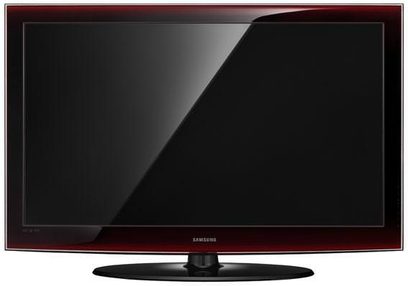 Samsung LE40A676 fladskærms-TV, set forfra, med dyb rød blank ramme, rektangulært sort slukket skærm, sort base i midten