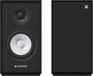 Reproduktory Unitra ZGB-401 v černé barvě, pohled zepředu, jeden reproduktor s vysokotónovým a středobasovým reproduktorem s bílým kuželem, druhý s látkovým krytem