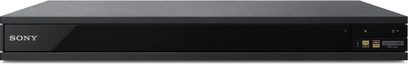 4K Blu-ray-afspiller Sony UBP-X800M2, set forfra, sort rektangulært kabinet, Sony-logo til venstre, knapper og ikoner til højre