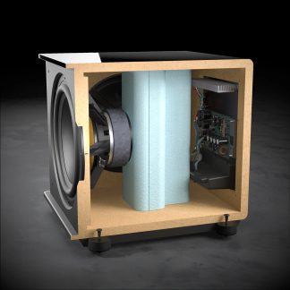 Černý subwoofer v řezu, viditelný boční reproduktor, vnitřní nátrubek a elektronický obvod