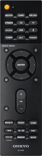 Black Onkyo RC-934R remote control with buttons for multimedia functions, navigation, and volume control, front view
