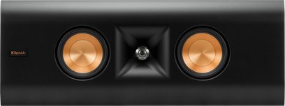 Altavoz de pared Klipsch RP-240D negro, formato horizontal con dos altavoces cobrizos y tweeter central