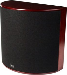 Klipsch Icon WS-24 højttaler, sort og træ, set forfra, cylindrisk form, sort gitter, mørk blank træbånd øverst