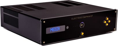 Hi-fi stereo zesilovač Electrocompaniet ECI-6 MKII černý, přední panel s displejem "MEDIA", tlačítky a konektory, pohled zepředu