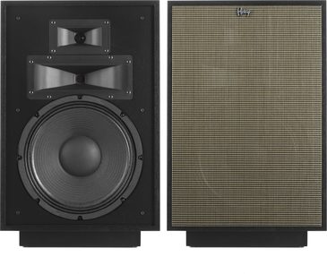 Sloupcový reproduktor Klipsch Heresy IV černý, pohled zepředu, viditelné reproduktory za kovovým grilu, černá dřevěná skříň