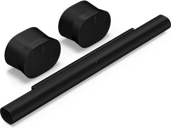 Soundbar Pack ARC Ultra + Era 300 matte black, top view, 2 black oval speakers, 1 long cylindrical bar