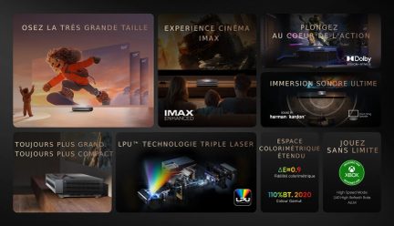 Collage of 8 images featuring a projector, giant screen, family, IMAX logos, Dolby, harman/kardon, Xbox, promotional text