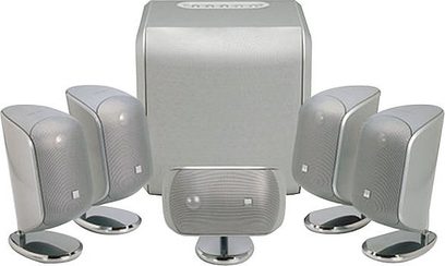 Pack d'enceintes compactes Bowers & Wilkins MT-20 argentées, 5 satellites et 1 caisson de basses, vue de face