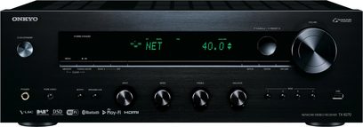 Onkyo TX-8270 sort hi-fi stereoforstærker, set forfra, mat sort frontpanel, sølvfarvede knapper, grønt display