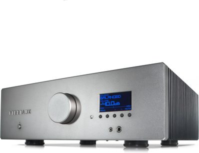 Sølvfarvet Perreaux Eloquence 250i stereo hi-fi-forstærker, frontpanel med knapper, blå LCD-skærm, hovedtelefonstik