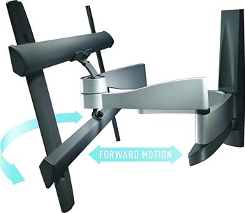 Zwart en metallic grijs draaibare TV-wandsteun, gebogen arm, dubbele scharnieren, blauwe pijlen "Forward Motion"