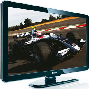 Philips 52PFL5604H-fladskærms-TV, der viser en Formel 1 AT&T Williams-Toyota FW29 kørt af Nico Rosberg på en asfalteret racerbane