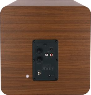 Basenhed Enova HIFI Vela Sub 8A, bagside, sort rektangulært kontrolpanel med knapper, porte og inskriptioner