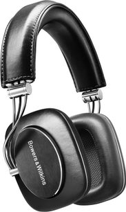 Åbent hi-fi hovedsæt Bowers & Wilkins P7 i sort, set fra siden, hovedbøjle og ørepuder i læder, kabinetter i børstet aluminium
