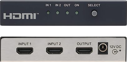 Seletor HDMI Kramer VS-21HDMI com 2 entradas HDMI, 1 saída HDMI, 1 saída 12V DC, vista frontal