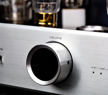 Tuvplāns ar nedaudz slīpu priekšējo skatu uz audio ierīces fasādi no sudrabaini matēta alumīnija ar uzrakstu “VOLUME” virs liela sudraba cilindriska pogas ar melnu centru