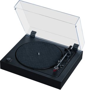 Platine vinyles hi-fi Pro-Ject A2 avec plateau circulaire noir, bras de lecture incliné, capot transparent relevé, bouton de réglage