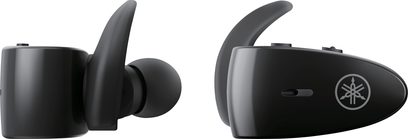 Åbent hi-fi hovedsæt Yamaha TW-ES5A i sort, set fra siden og forfra, ovale ørepuder, hovedbøjle og Yamaha-logo på ørepude