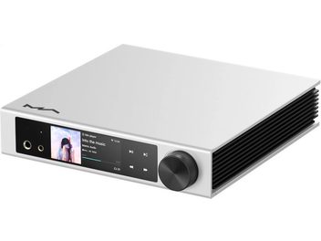 Matrix Audio Element i2 nettverksspiller i sølvfarget aluminium, trekvart forfra høyre, sort front med to forgylte hodetelefonutganger, integrert fargeskjerm, berøringskontroller og stor sort volumkontroll, høyre side med sorte kjøleribber