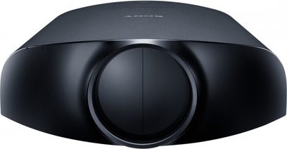 Sony VPL-VW1100ES sort videoprojektor, nærbillede forfra, oval afrundet form, centralt rundt objektiv