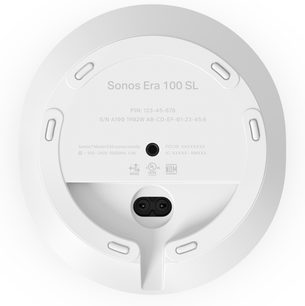 Biely inteligentný reproduktor Sonos Era 100 SL, zadný pohľad s okrúhlou základňou a centrálnym napájacím konektorom