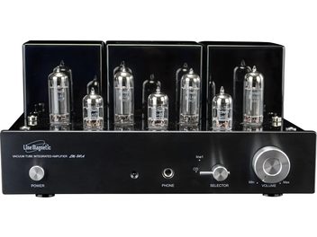 Line Magnetic LM-84IA juodas integruotas stereofoninis lempinis stiprintuvas, vaizdas iš priekio, matomos lempos ir didelis garsumo reguliavimo mygtukas