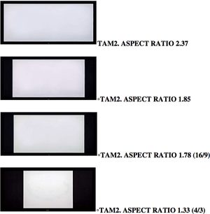 Fire hvide rektangler i forskellige formater på sort baggrund, med teksterne "TAM2, ASPECT RATIO" og numeriske værdier