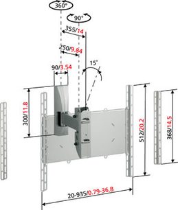 Teknisk diagram over Vogel's EFW 2009 vægbeslag til TV med dimensioner og rotations- og vipningsvinkler