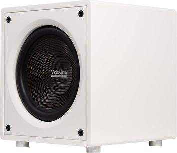 Velodyne VI-Q 12 witte subwoofer, driekwartaanzicht met zwarte luidspreker aan de voorkant