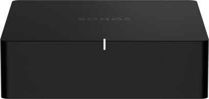 Lettore audio di rete Sonos Port, scatola rettangolare nera vista frontalmente, logo Sonos sulla parte superiore, una porta sul davanti