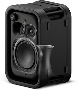 Bærbar svart Sony ULT TOWER 5 Bluetooth-høyttaler, sett skrått forfra, med integrert håndtak og synlige høyttalere